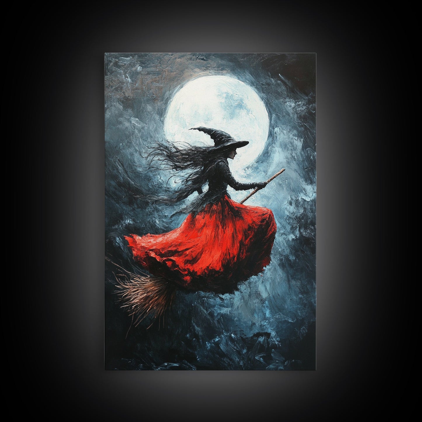 The Witch Rides her Broom under a full moon - Framed Canvas Print - Witchy Decor - Witch Painting - Halloween Wall Art