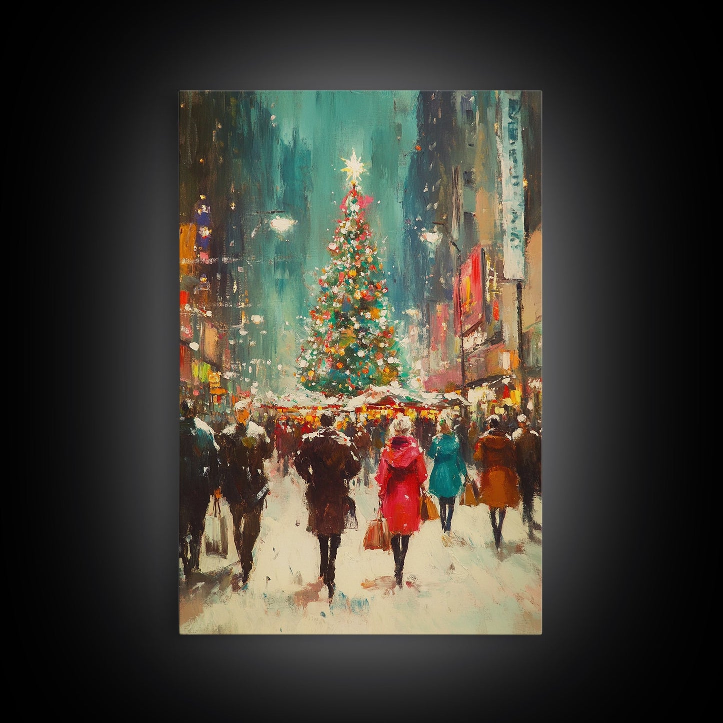 Christmas on The Town Square Framed Canvas Print, Wood Framed Christmas Decor, Holiday Mantle Art, Christmas Centerpiece Wall Art