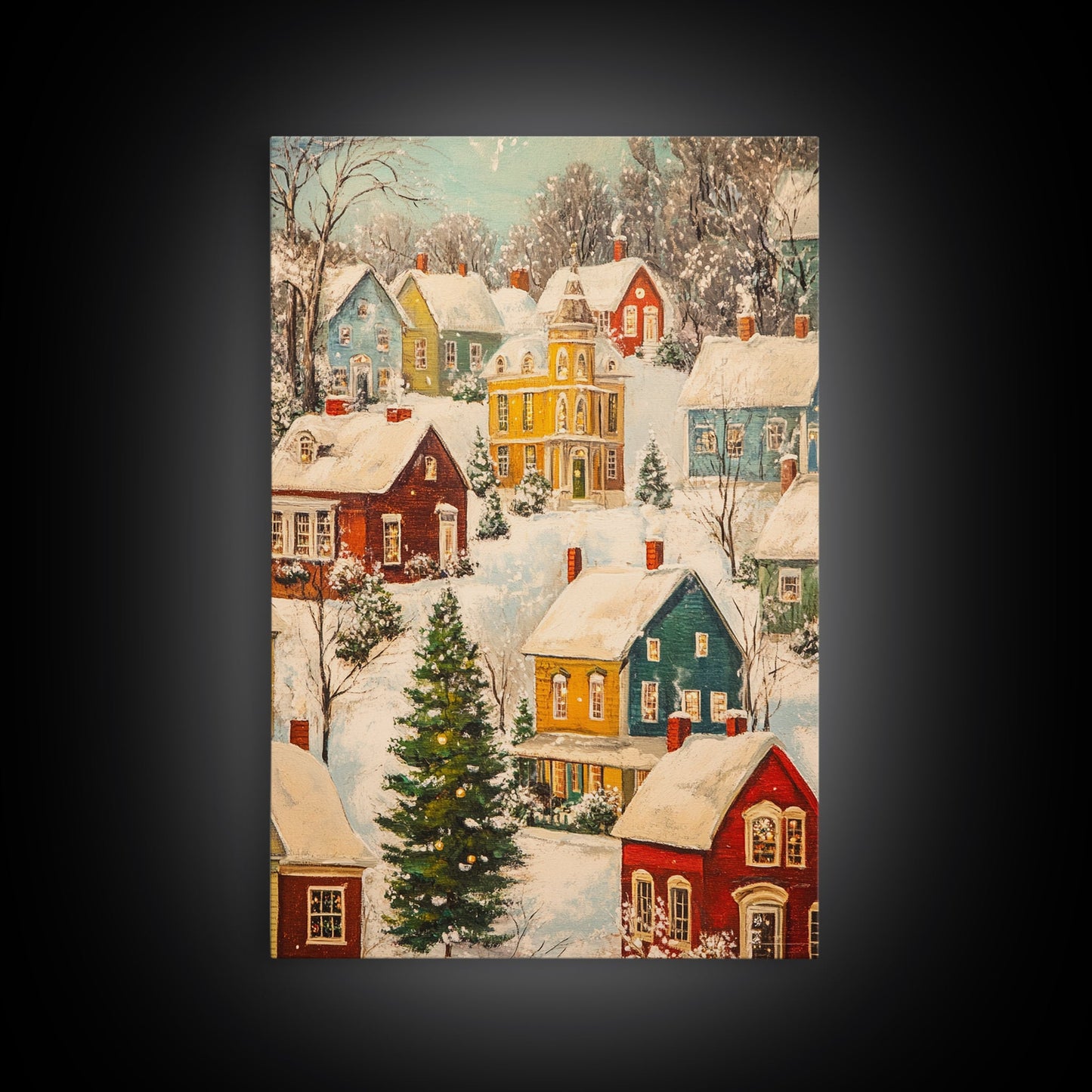 Retro Christmas Village Wall Art For Above Mantle, Framed Canvas Print, Christmas Home Decor, Christmas Wall Art, Christmas Postcard Art