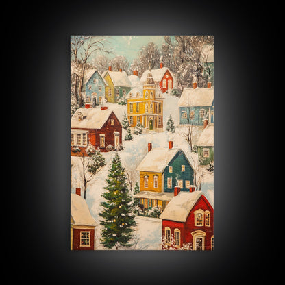 Retro Christmas Village Wall Art For Above Mantle, Framed Canvas Print, Christmas Home Decor, Christmas Wall Art, Christmas Postcard Art