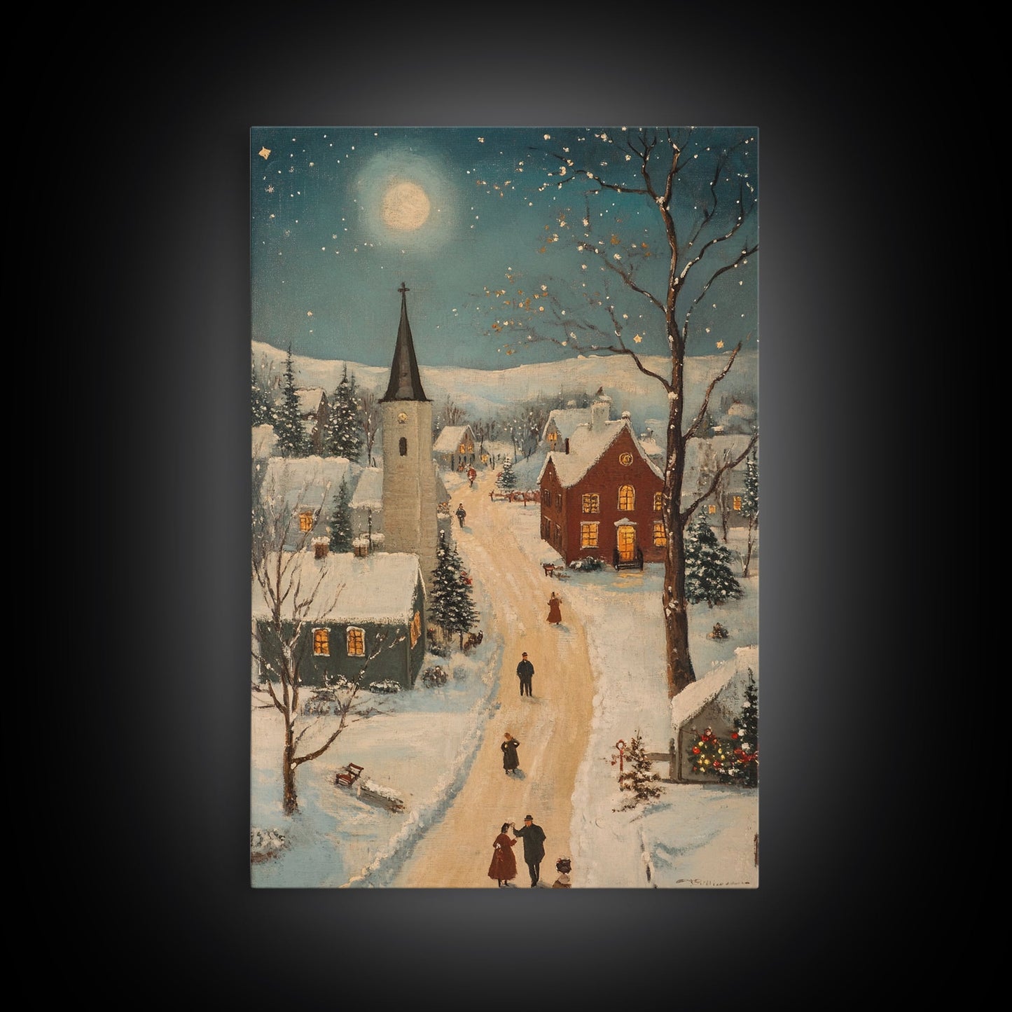 Full Moon on Christmas Even, Framed Canvas Print, Vintage Christmas Oil Painting Print, Christmas Village Wall Art, Christmas Sign, Christmas Art