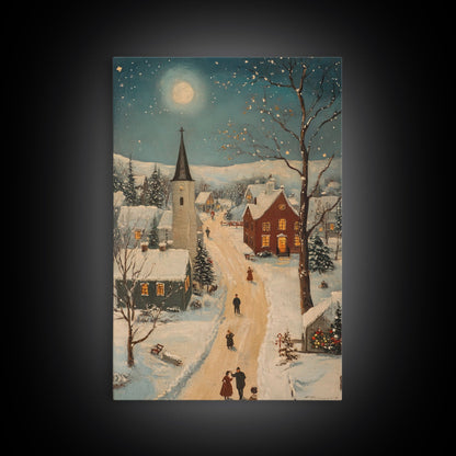 Full Moon on Christmas Even, Framed Canvas Print, Vintage Christmas Oil Painting Print, Christmas Village Wall Art, Christmas Sign, Christmas Art