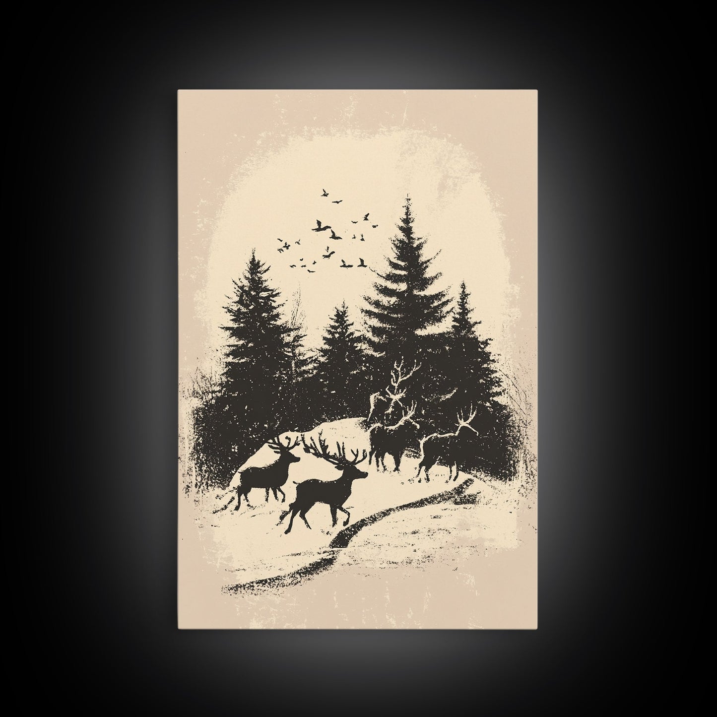 Sketch of Reindeer In The Snow Canvas Print - Framed Canvas - Minimalist Christmas Art - Boho Christmas Art - Rustic Christmas Art