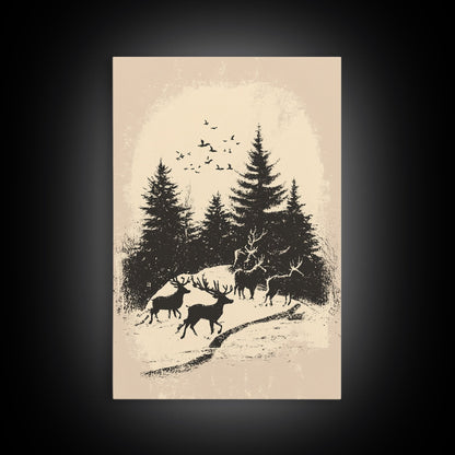 Sketch of Reindeer In The Snow Canvas Print - Framed Canvas - Minimalist Christmas Art - Boho Christmas Art - Rustic Christmas Art