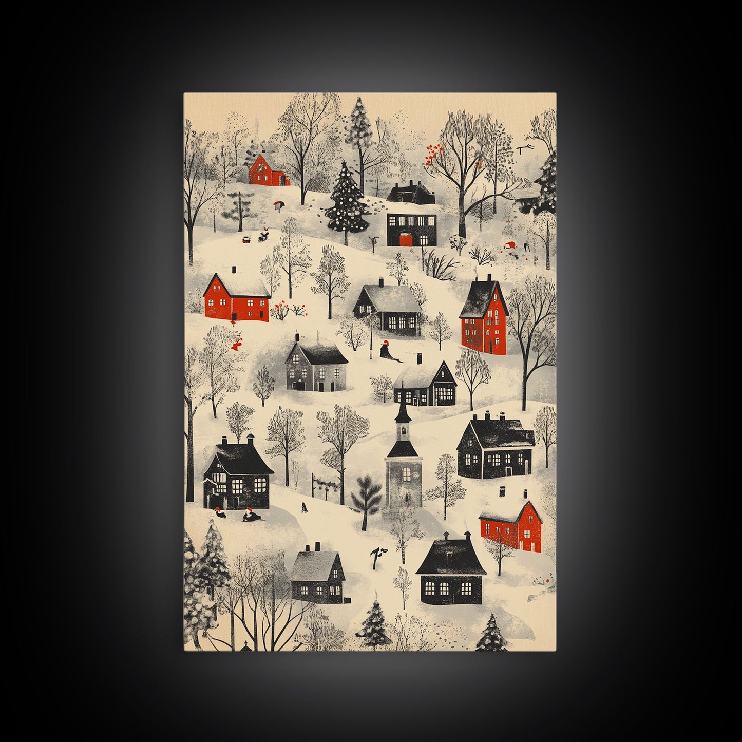 Sketch of a Christmas Village Canvas Print - Framed Canvas - Minimalist Christmas Art - Boho Christmas Art - Rustic Christmas Art
