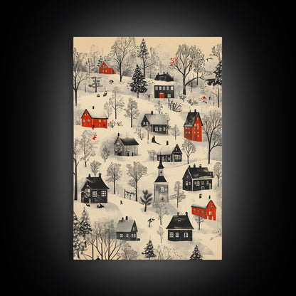 Sketch of a Christmas Village Canvas Print - Framed Canvas - Minimalist Christmas Art - Boho Christmas Art - Rustic Christmas Art