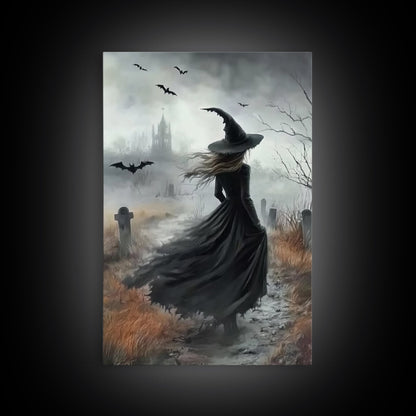 Gothic Oil Painting Print Of a Witch in a Grave Yard, Framed Canvas Print, Dark Academia, Gothic Art, Goth Decor, Halloween Wall Art