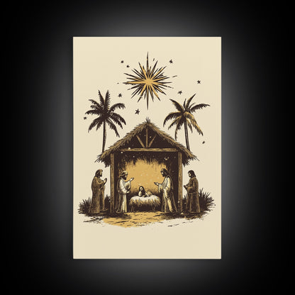 Vintage Nativity Scene Canvas Print - Framed Canvas - Minimalist Christmas Art - Boho Christmas Art - Rustic Christmas Art