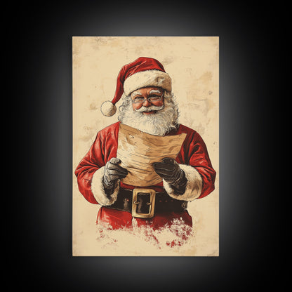 Santa Reading His List Canvas Print - Framed Canvas - Minimalist Christmas Art - Boho Christmas Art - Rustic Christmas Art