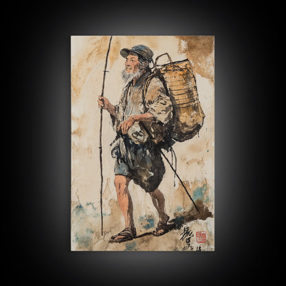 Japanese Fisherman Painting Print, Wabi Sabi Wall Art, Japanese Style Home Decor, Japanese Wood Block Print Style Art