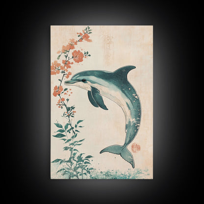 Cherry Blossoms and Dolphins, Framed Canvas Print, Home Decor, Wabi Sabi Dolphin Painting, Minimalist Decor, Living Room Art, Bedroom Art