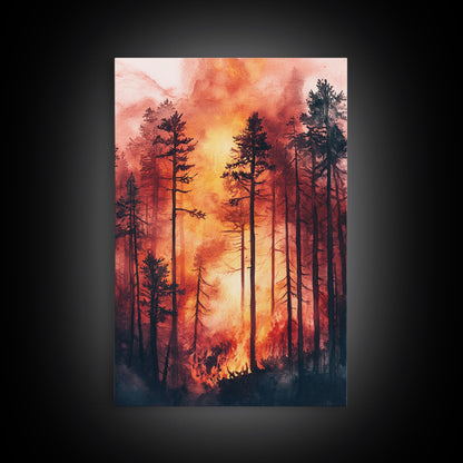 Ready to Hang Watercolor Painting Print of a Forest Fire, Beautiful Wall Art, Forest Fire Natural Disaster Wall Art, California Wall Art
