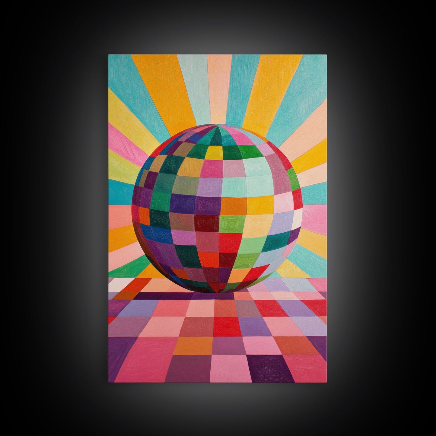 Abstract Disco Ball Painting Canvas Print, Wood Framed Art, Original Art, Disco Ball Art, Disco Ball Poster, Rainbow Disco Ball