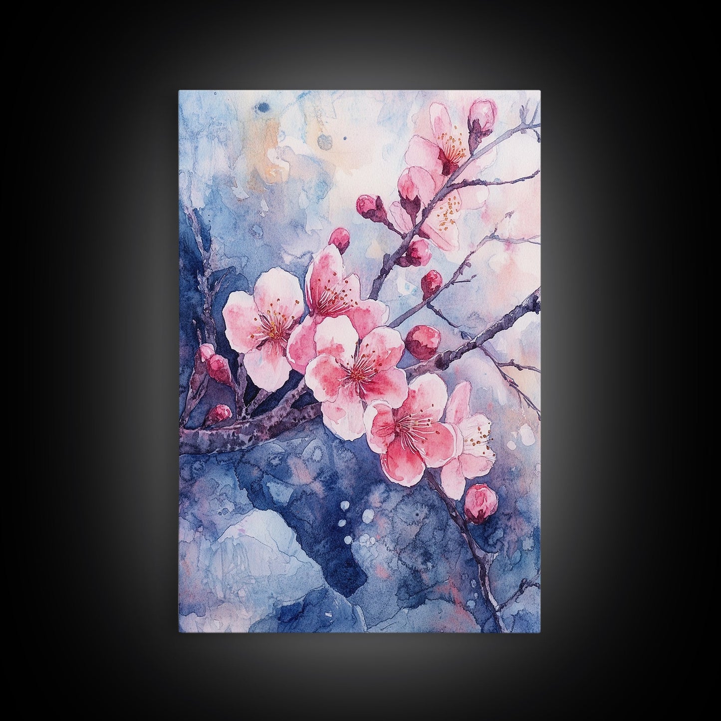 Cherry Blossoms Wall Art, Framed Canvas Print, Ready To Hang, Boho Decor, Minimalist Cherry Blossom Painting, Home Decor Living Room