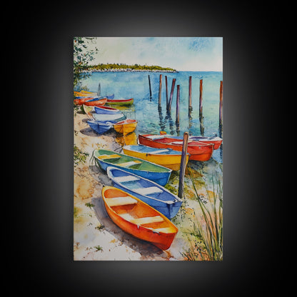 Kayaks On The Ocean Framed Canvas Print, Maine Painting, Coastal Decor, Cute Coastal Wall Art, Preppy Decor, Coastal Landscape Painting