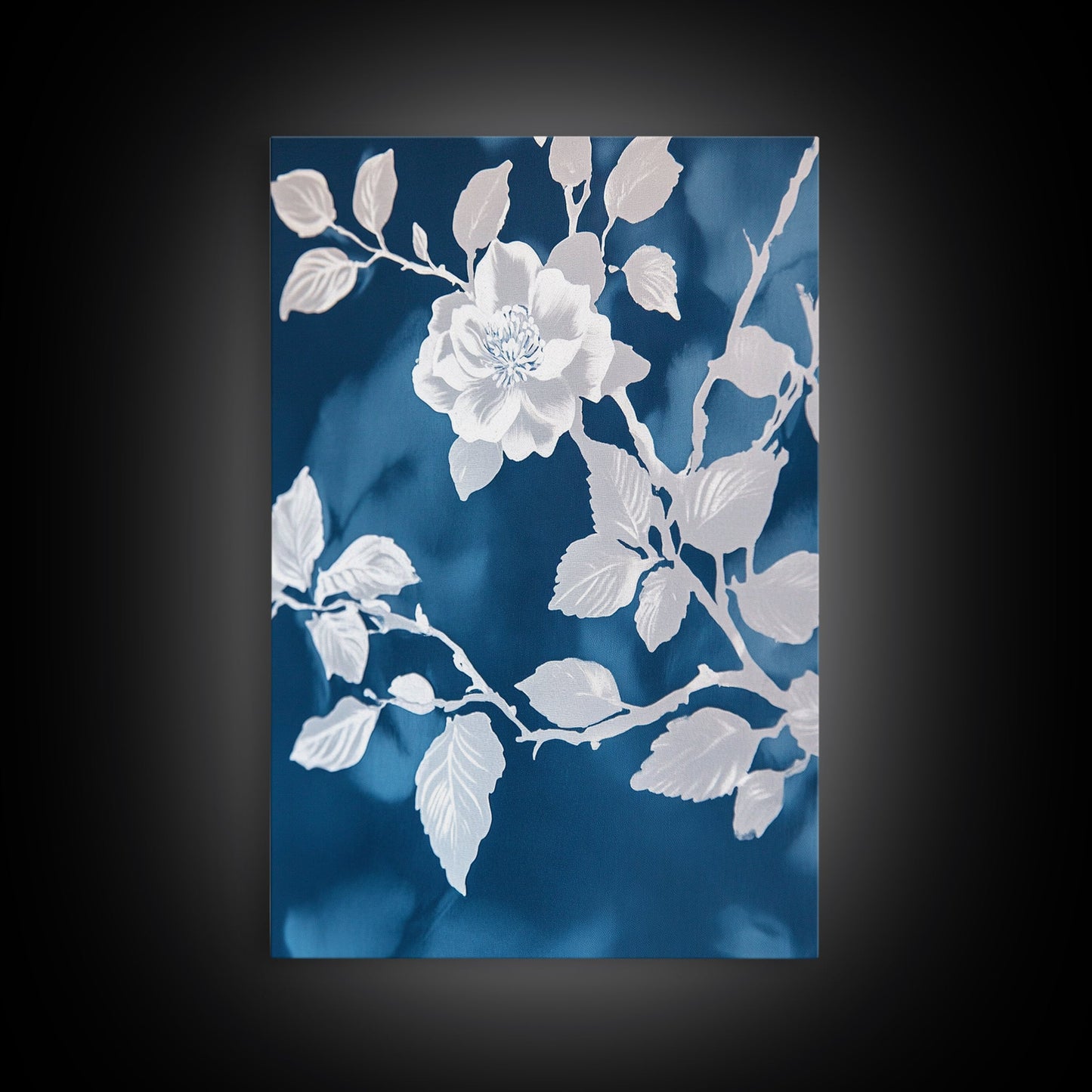 White Flowers on Blue Background Framed Canvas Print, Chinoiserie Wall Art, Boho Decor, Minimalist Wall Art, Boho Home Decor