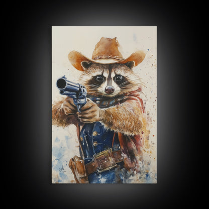 Rootin' Tootin' Racoon Cowboy, Framed Canvas Print, Ready to Hang, Racoon Painting