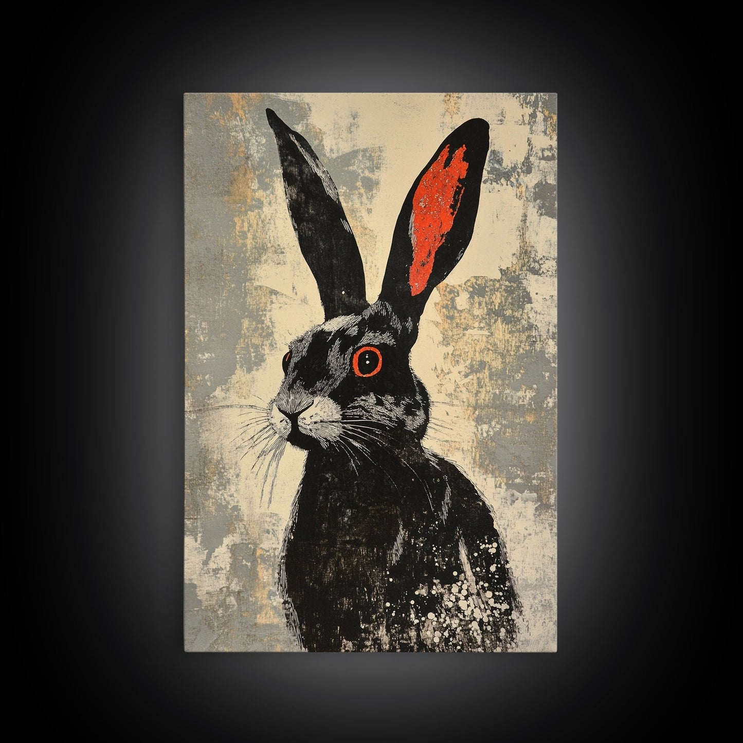 The Black Bunny, Framed Canvas Print Ready To Hang, Bunny Rabbit Art, Rabbit Painting, Minimalist Japanese Style Art