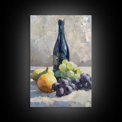 Still Life Of Grapes and Wine, Framed Canvas Print, Antique Style Fruit Still Life Oil Painting Print, Kitchen Decor, Rustic Farmhouse Kitchen Art