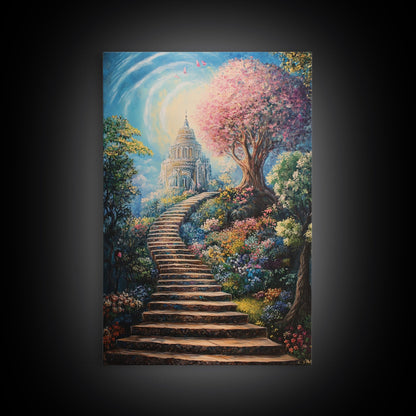 The Steps To The Sky, Framed Canvas Print, Cute Fantasy  Decor, Preppy Wall Art, Gift For Her, Dorm Wall Art, Landscape Painting