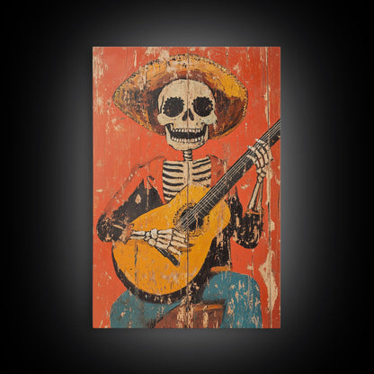 Arte Mexicano - Framed Canvas Print - Chicano Art - Skeleton Vaquero playing a guitarra, Mexican Inspired Wall Art, Southwestern Art