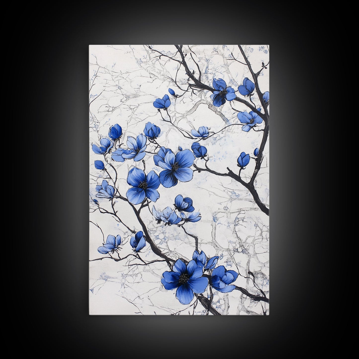 Wabi Sabi Wall Art Framed Canvas Print, Chinoiserie Wall Art, Chinoiserie Style Home Decor, Blue Flower Floral Print Wall Decor