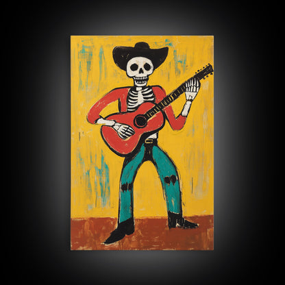 Canvas Print Of a Cowboy Skeleton Guitarist, Mexicano Art, Chicano Art, Original Artwork, Vaquero Art