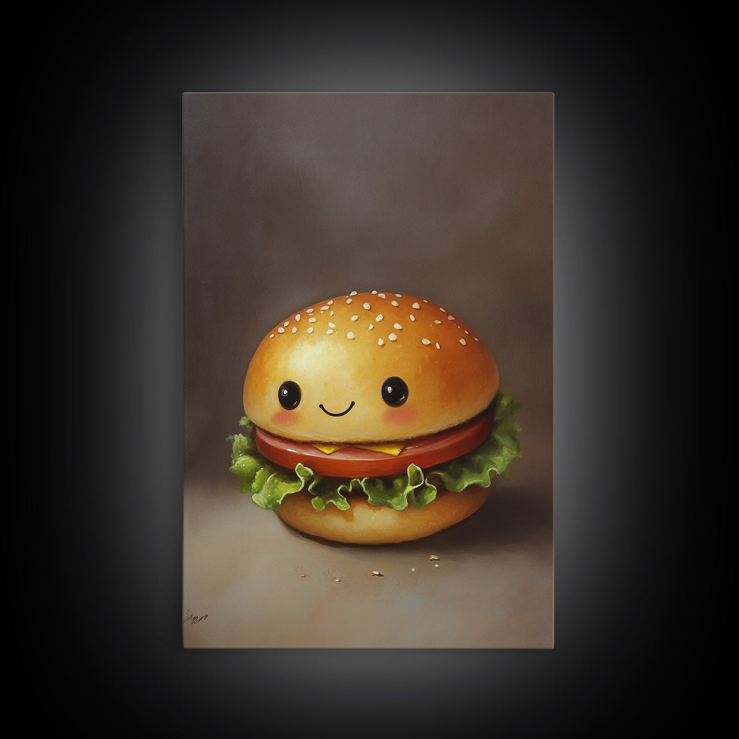 Kawaii Hamburger Canvas Print, Cute Hamburger Painting, Veggie Burger, Kawaii Wall Art, Kawaii Decor