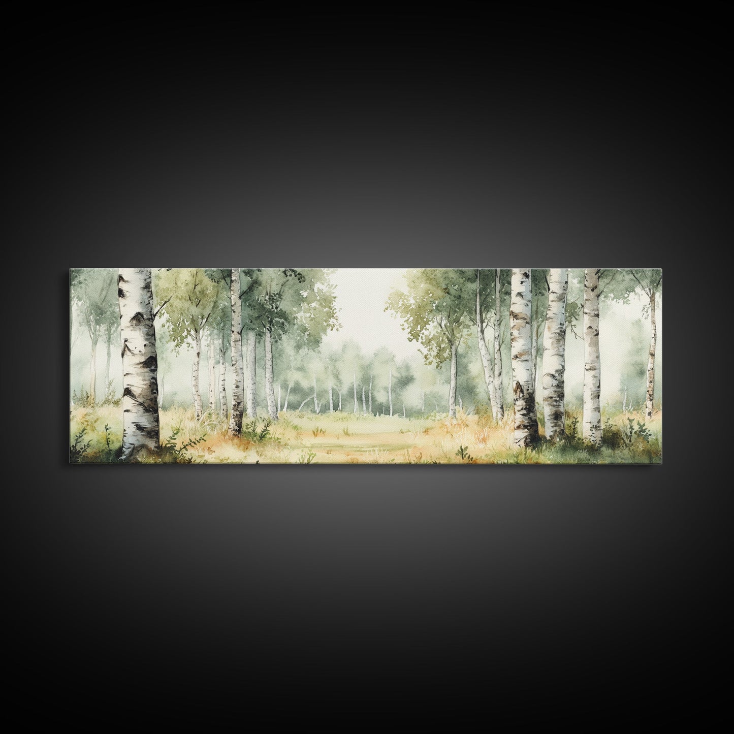 Silver Birch Trees in Spring Panoramic Canvas Print, Panoramic Painting, Aspen Trees Painting, Forest Landscape Horizontal Wall Art
