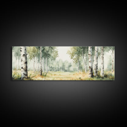 Silver Birch Trees in Spring Panoramic Canvas Print, Panoramic Painting, Aspen Trees Painting, Forest Landscape Horizontal Wall Art