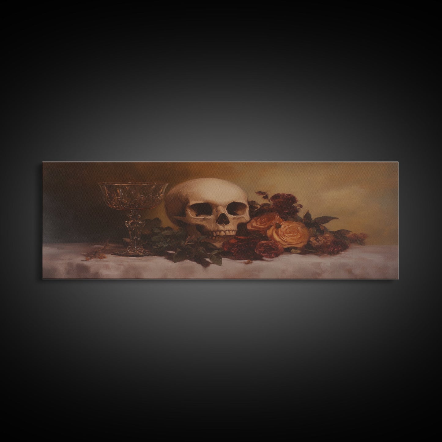 Skull and Flowers Canvas Print, Panoramic Goth Art, Extra Wide Wall Art, Goth Home Decor, Wide Art, Gothic Dark Academia Witchy Wall Art