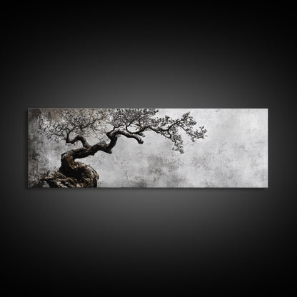 Black and White Bonzai Tree Framed Canvas Print, Wabi Sabi Japanese Style Home Decor, Minimalist Art, Moody Decor, Moody Art