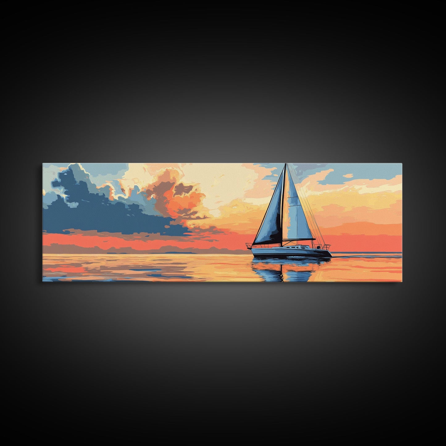 Retro Sailboat Painting Print Framed Canvas - Pop Art Sailboat Painting - Sailboat Wall Art - Nautical Landscape Ocean Painting - Home Decor