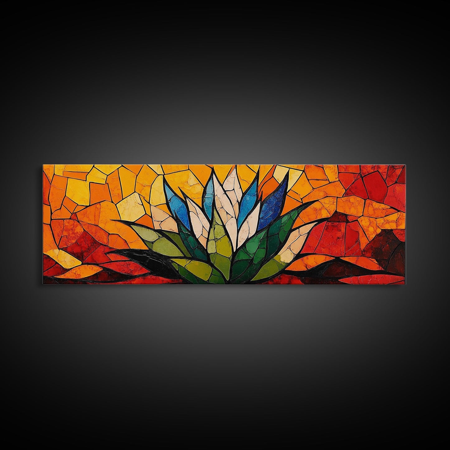 Stained Glass Style Blue Agave Wall Art Canvas Print, Mexicano Wall Art, Panoramic Southwestern Home Decor, Modern Farmhouse Rustic Art