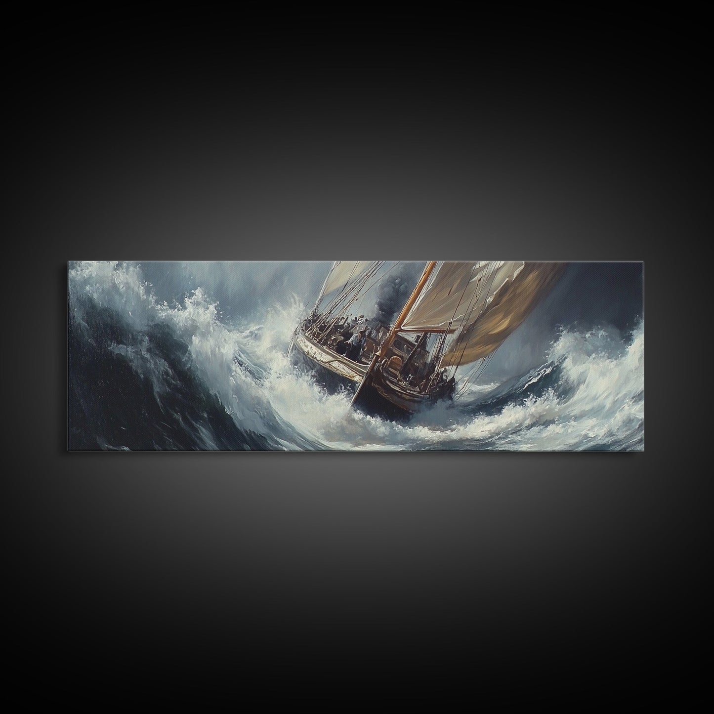 The Storm and the Sailboat Framed Canvas Print - Sailboat Painting - Nautical Decor - Hurricane Painting - Nautical Sailboat Landscape Painting