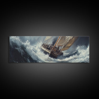 The Storm and the Sailboat Framed Canvas Print - Sailboat Painting - Nautical Decor - Hurricane Painting - Nautical Sailboat Landscape Painting