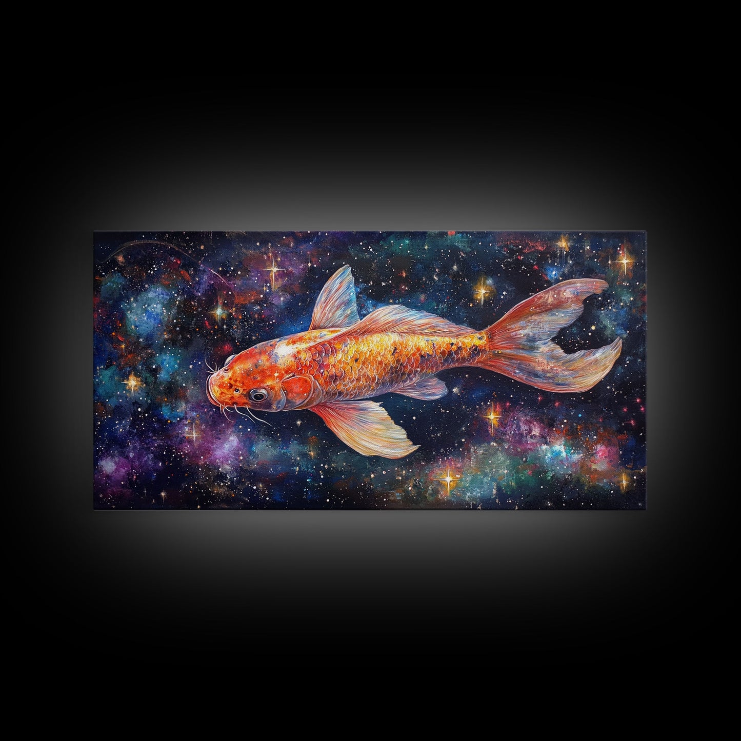 Galactic Koi Fish Framed Canvas Print, Retro Colorful Wall Art, Koi Fish Painting, Koi Wall Art, Space Art, Space Fish Painting