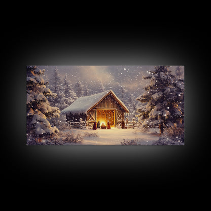 Nativity Scene Framed Canvas Print, Jesus in His Manger, Christmas Wall Art, Christmas Centerpiece Art, Nativity Oil Painting