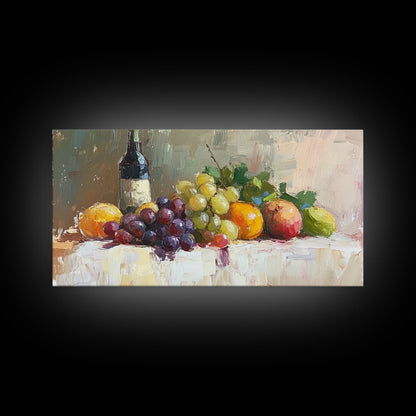 Still Life of Grapes, Fruit and Wine, Framed Canvas Print, Eclectic Kitchen Home Decor, Kitchen Wall Art, Dining Room Wall Art, Art For Kitchen