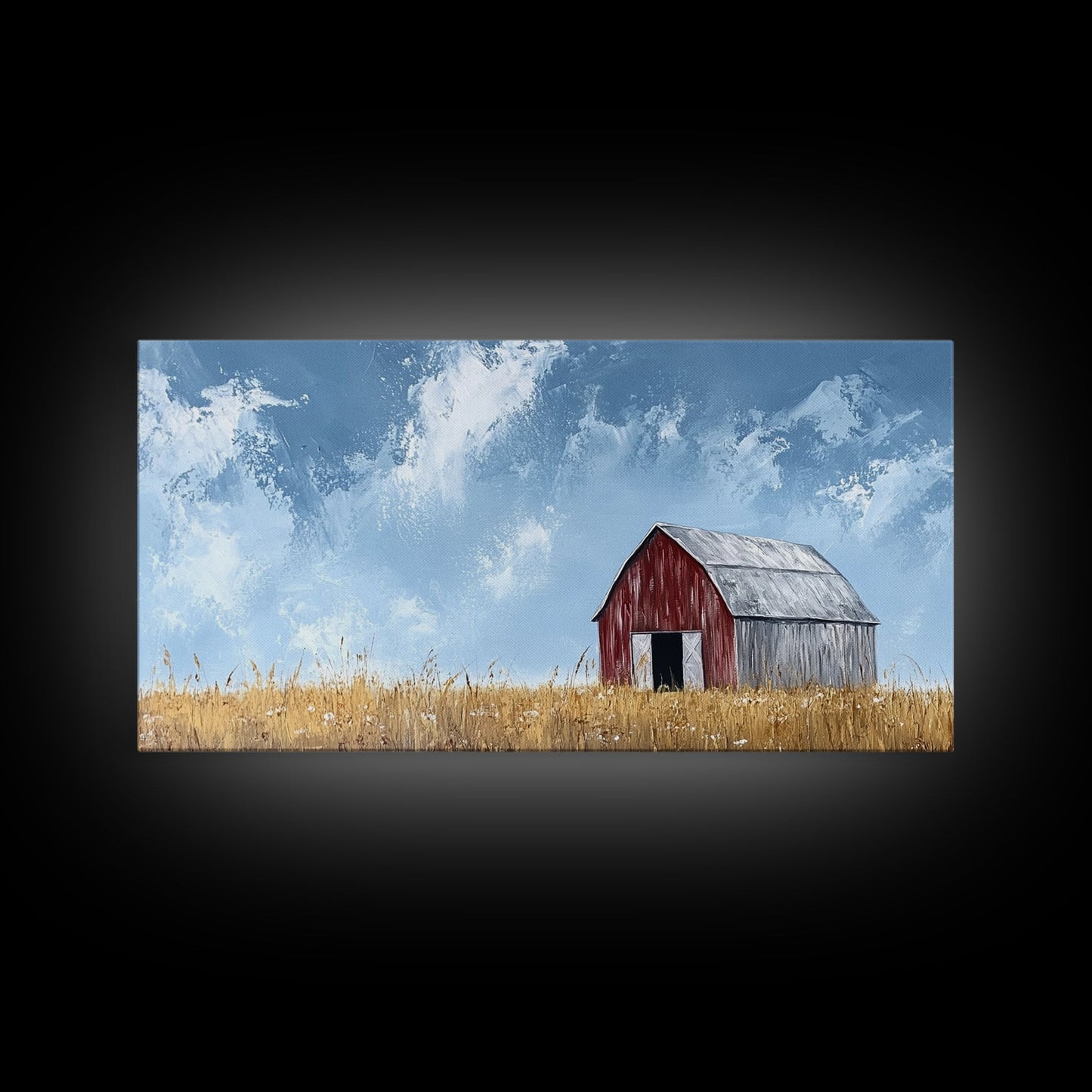 Old Building Farm In A Wheat Field, Framed Canvas Painting Print, Panoramic Rural Landscape Wall Art Rustic Barn Country Side Ready To Hang