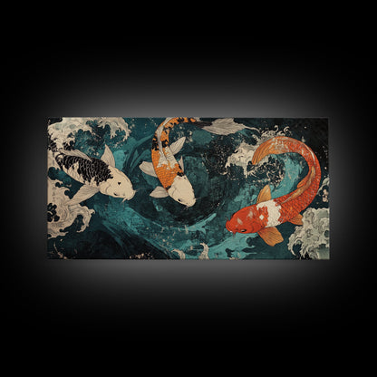 Large Oil Painting of Koi Fish Canvas Print, Vibrant Koi Fish Wabi Sabi Japanese Style Artwork, Minimalist Home Decor Living Room Wall Art