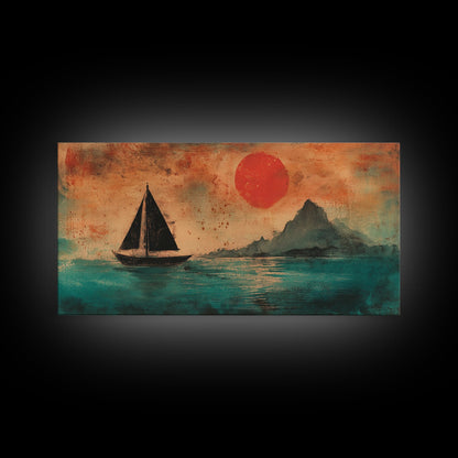 Wabi Sabi Wall Art, Japanese Sailboat Painting Print, Framed Canvas, Ocean Art, Beach House Decor, Bedroom Wall Art, Nautical Wall Art