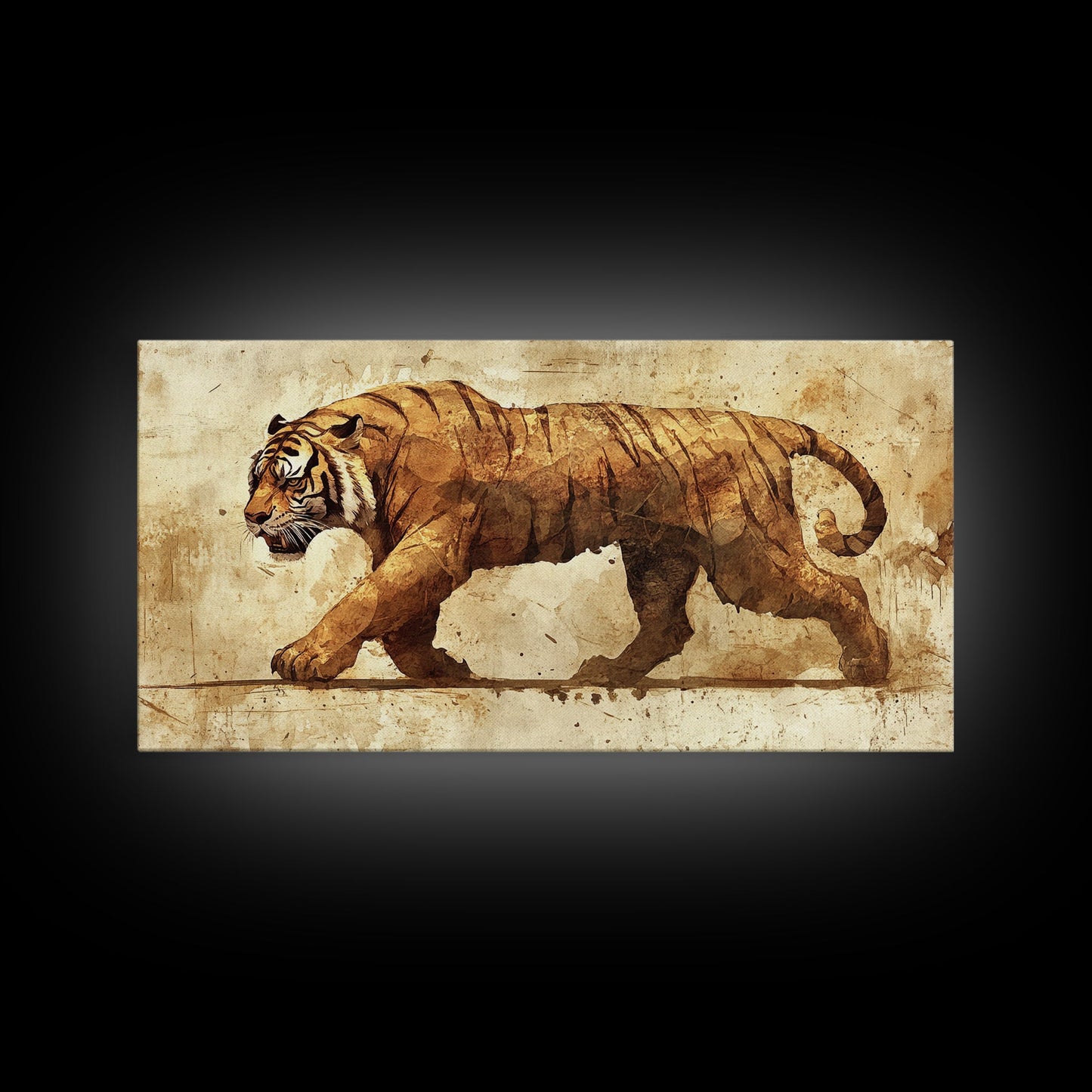 Tiger On The Hunt, Framed Canvas Print, Wabi Sabi Tiger Painting, Elegant Japanese Style Artwork