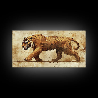 Tiger On The Hunt, Framed Canvas Print, Wabi Sabi Tiger Painting, Elegant Japanese Style Artwork