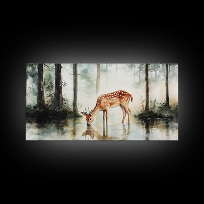 Rustic Farmhouse or Cabin Wall Art Painting of a Deer Drinking Water In The Forest, Minimalist Farmhouse Decor, Framed Canvas Print