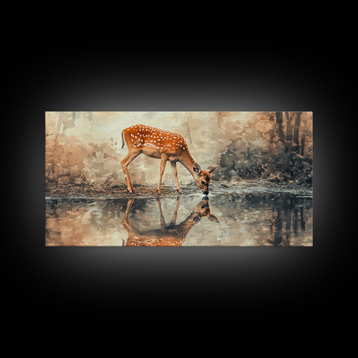 Reflection of a Deer Drinking Water - Framed Canvas Print - Cute Farmhouse Wall Art - Farmhouse Decor