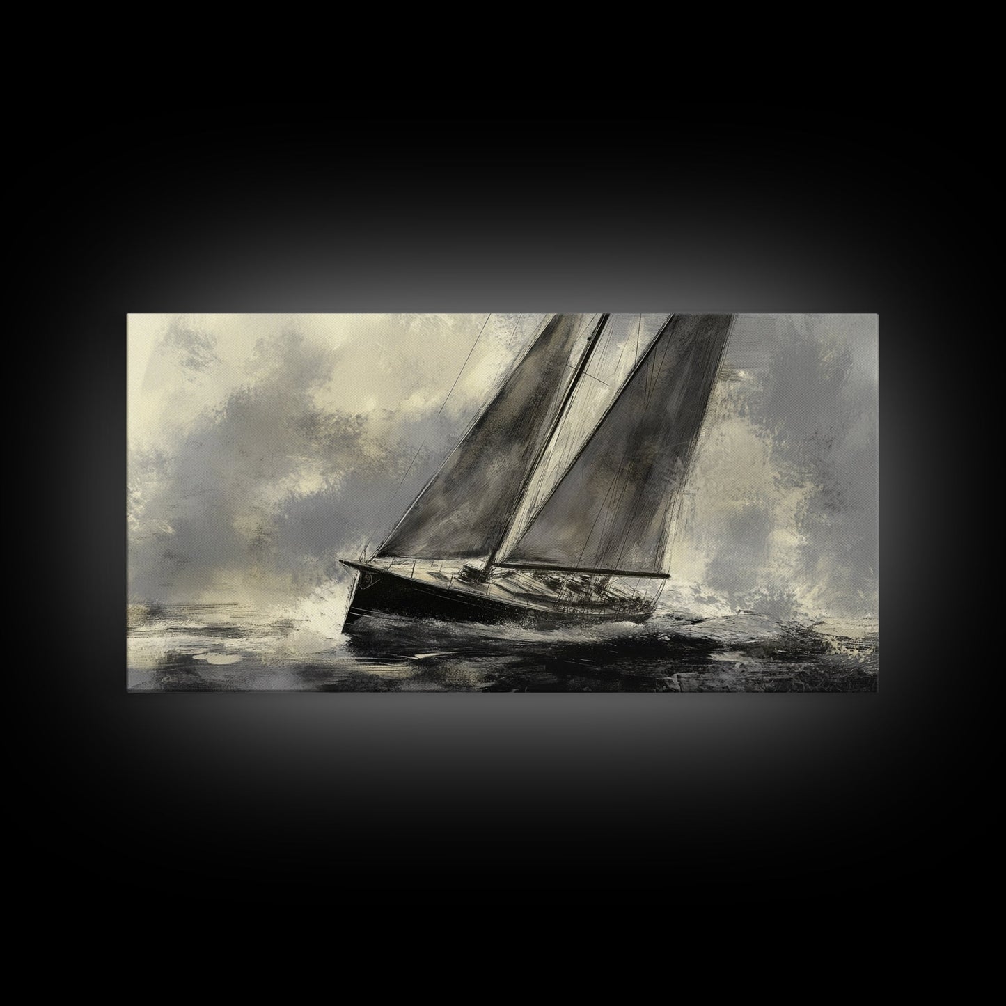 Black and White Charcoal Sketch Print of a Sailboat In a Storm, Framed Canvas Print, Nautical Wall Art, Nautical Home Decor