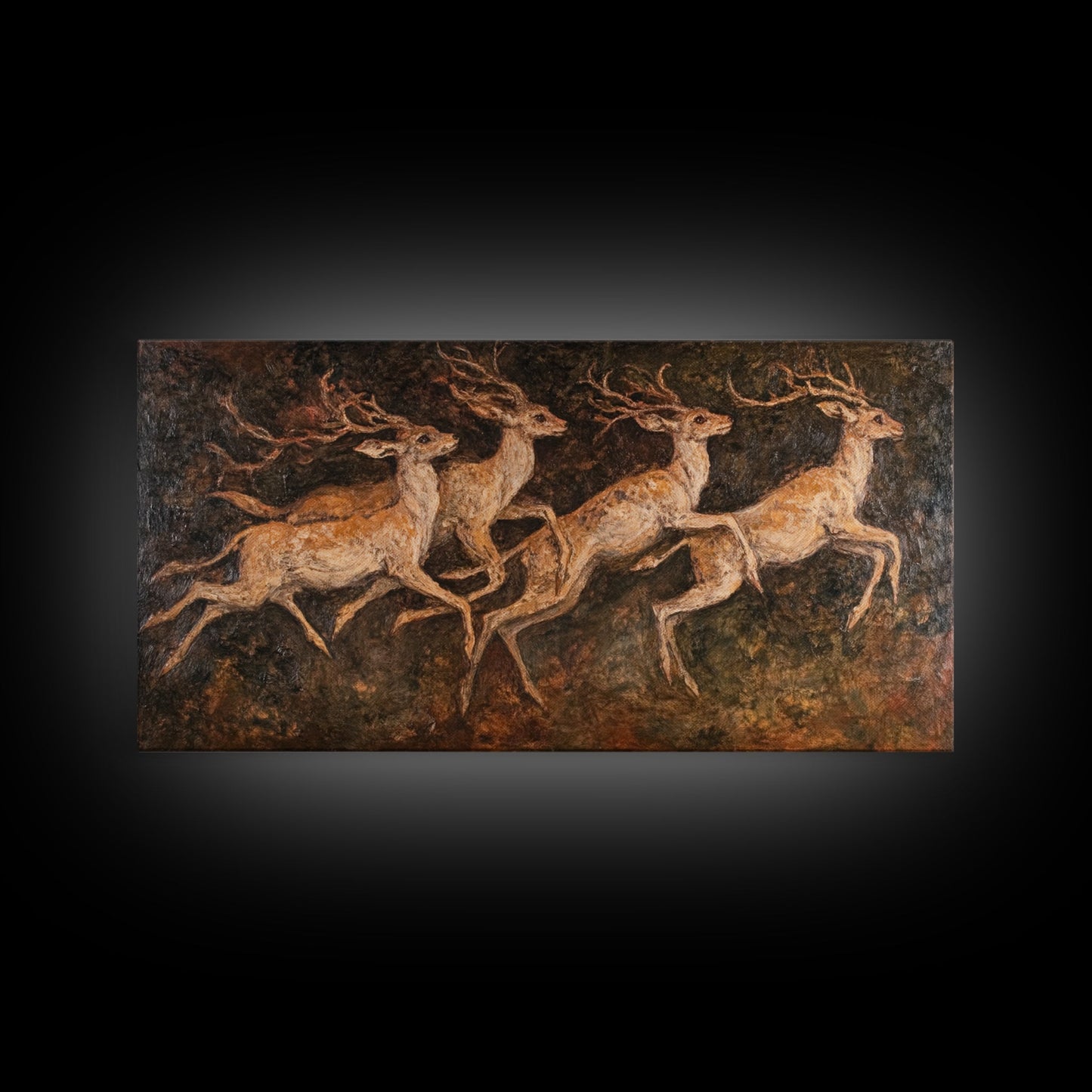 Deer In The Forest 19th Century Folk Art Style Canvas Print, Folk Art Oil Painting Print, Liminal Art, Abstract Painting Home Decor