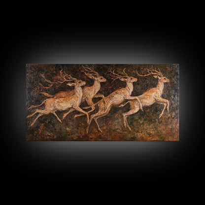 Deer In The Forest 19th Century Folk Art Style Canvas Print, Folk Art Oil Painting Print, Liminal Art, Abstract Painting Home Decor