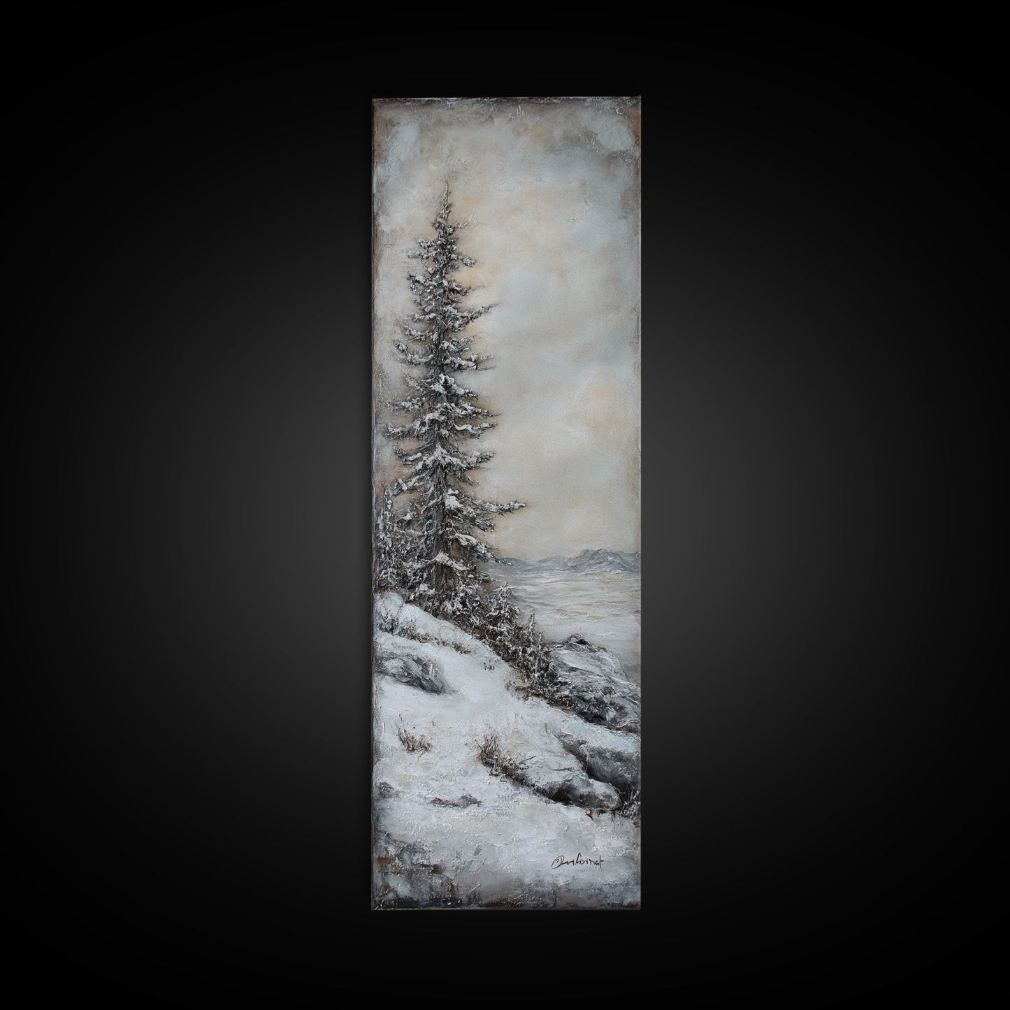 Framed Canvas Print Winter Pine Tree Art Rustic Landscape Wall Art Tall Narrow Art Cozy Cabin Decor Above Sofa Art